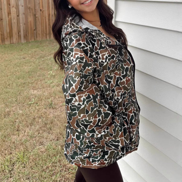 Stay Stylish and Dry with the Camouflage Long Sleeve Zipper Rain Jacket for Women